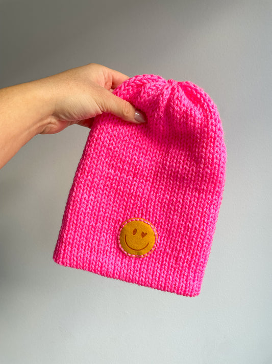 READY TO SHIP - SMILE BEANIE in NEON PINK, SIZE TEEN/ADULT