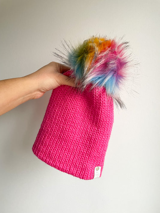 READY TO SHIP - DOUBLE KNIT POM BEANIE in PINK, SIZE TEEN/ADLT