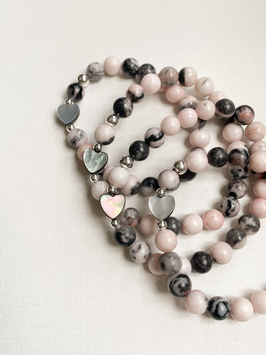 SWEET GREY HEART BRACELET - PINK ZEBRA JASPER, 8MM