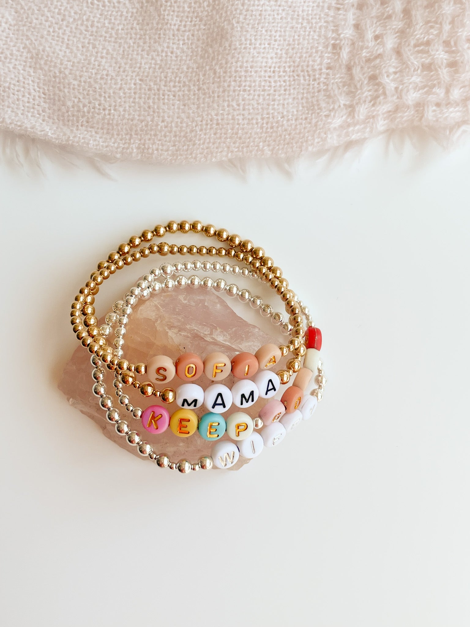 In Your Feelings Letter Bead Bracelets 'Barbie Girl' White Gold Letter beads  and rhodonite stone beads