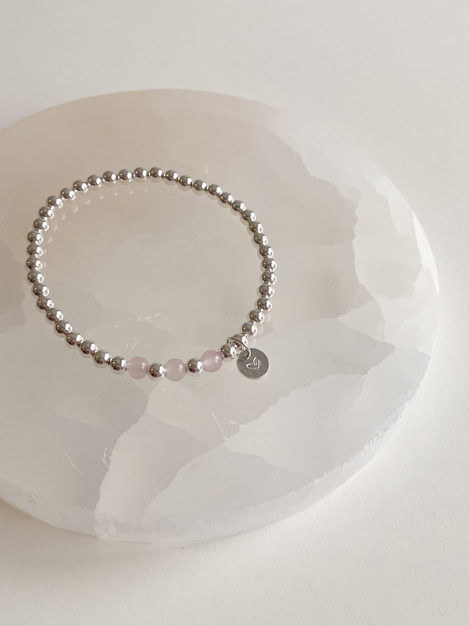 Pink Luster Pearl Bracelet with Silver Heart Charm