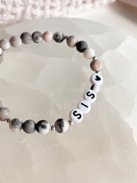 LETTER BEAD BRACELET - MATTE PINK ZEBRA JASPER 6MM