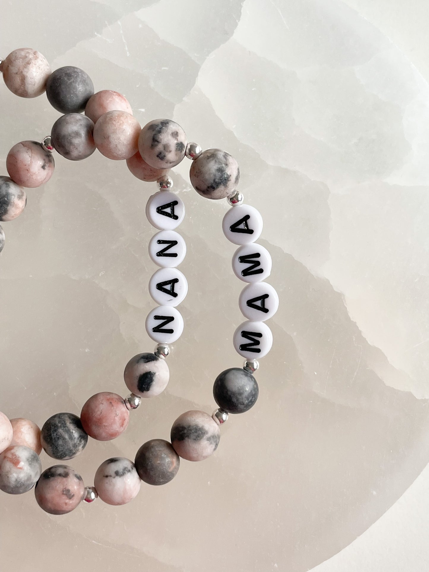 LETTER BEAD BRACELET - MATTE PINK ZEBRA JASPER 8MM