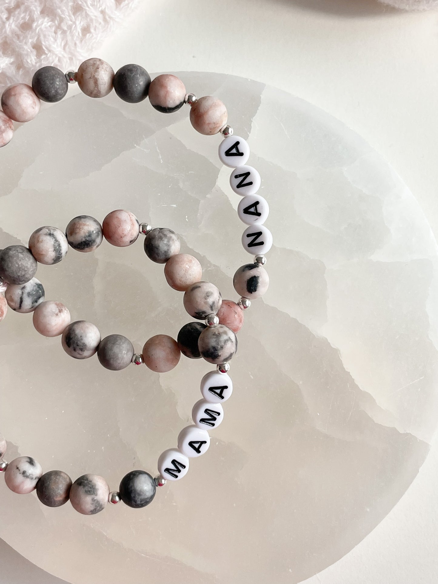 LETTER BEAD BRACELET - MATTE PINK ZEBRA JASPER 8MM