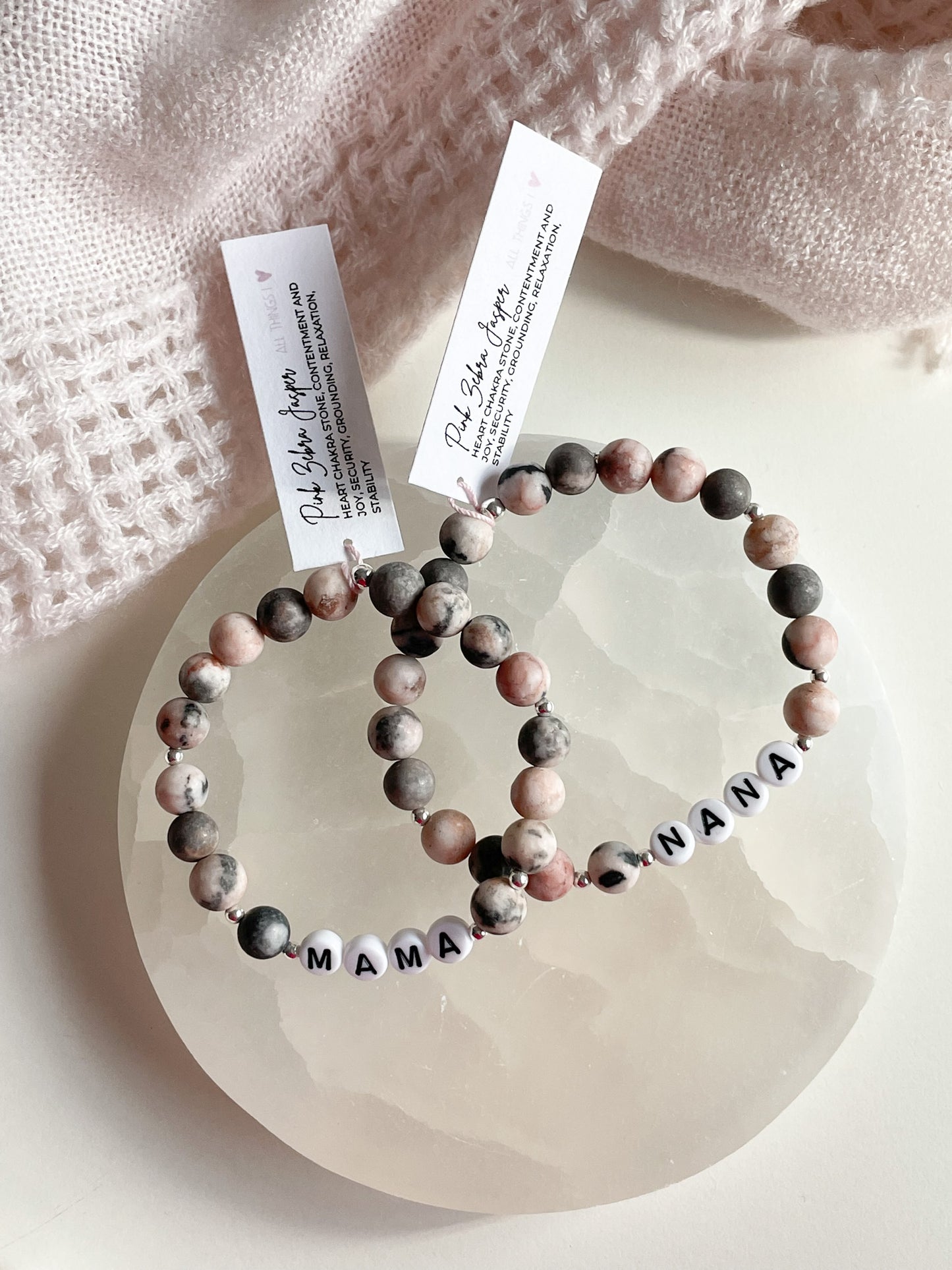 LETTER BEAD BRACELET - MATTE PINK ZEBRA JASPER 8MM