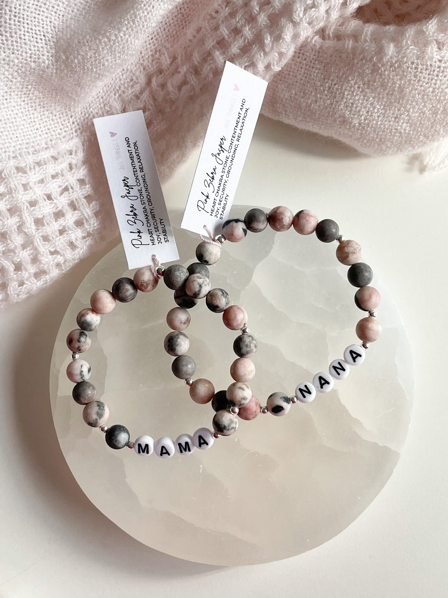 LETTER BEAD BRACELET - MATTE PINK ZEBRA JASPER 8MM