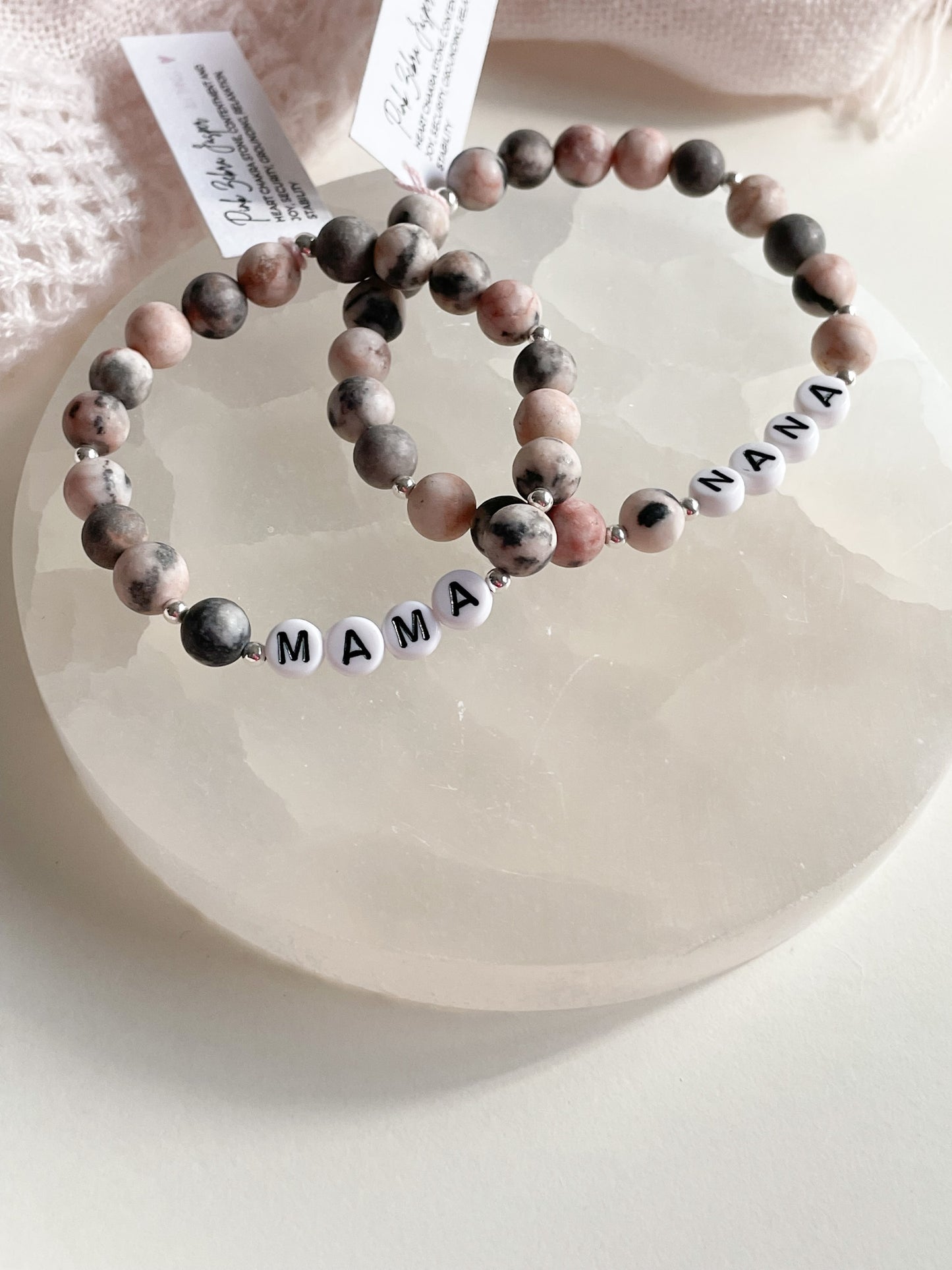 LETTER BEAD BRACELET - MATTE PINK ZEBRA JASPER 8MM