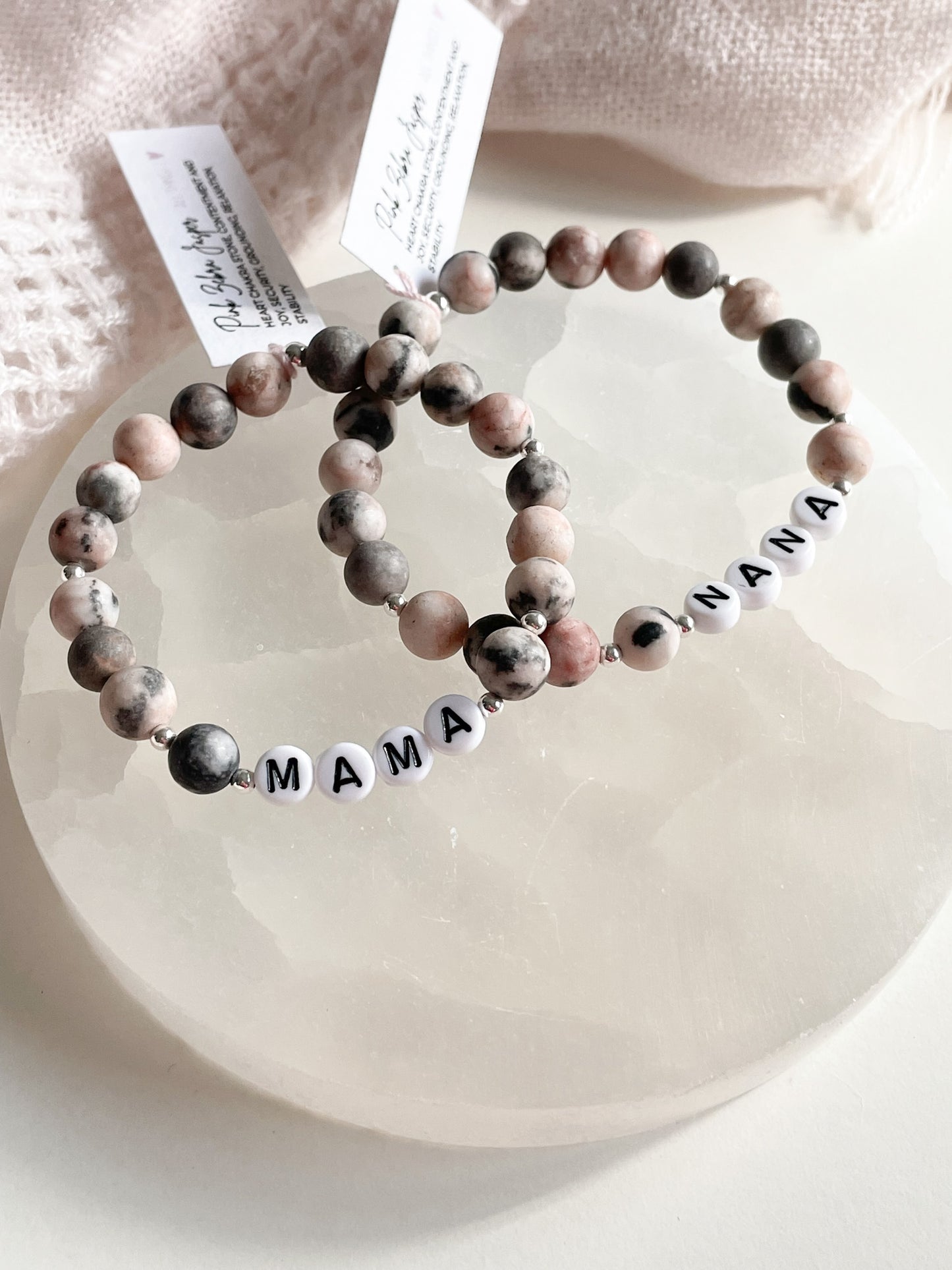 LETTER BEAD BRACELET - MATTE PINK ZEBRA JASPER 8MM