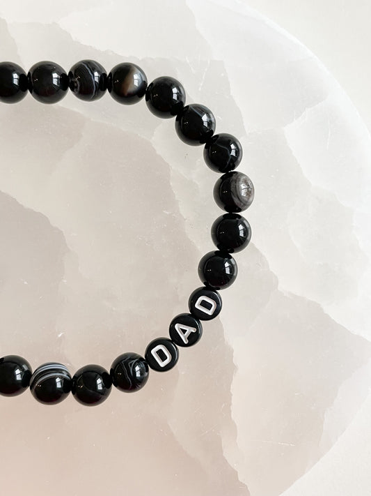 LETTER BEAD BRACELET - BLACK BANDED AGATE 8MM