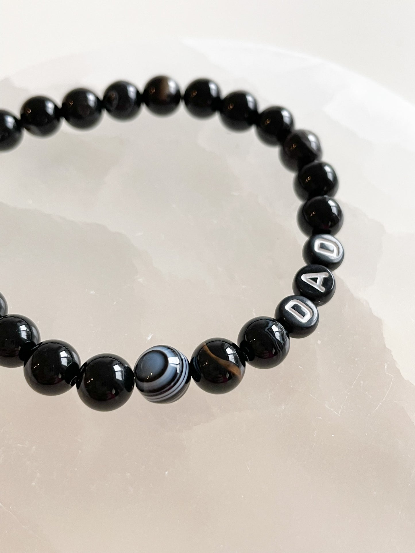 LETTER BEAD BRACELET - BLACK BANDED AGATE 8MM