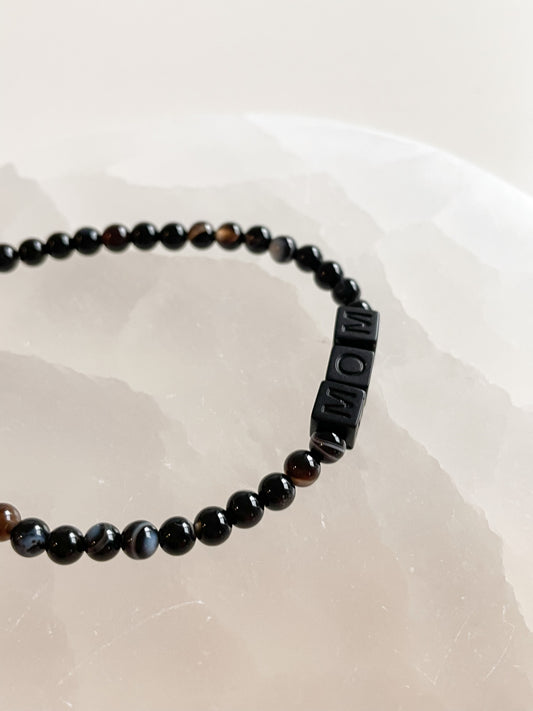 LETTER BEAD BRACELET - BLACK BANDED AGATE 4MM