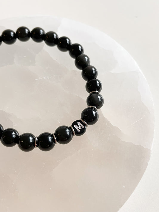 LETTER BEAD BRACELET - BLACK OBSIDIAN 8MM