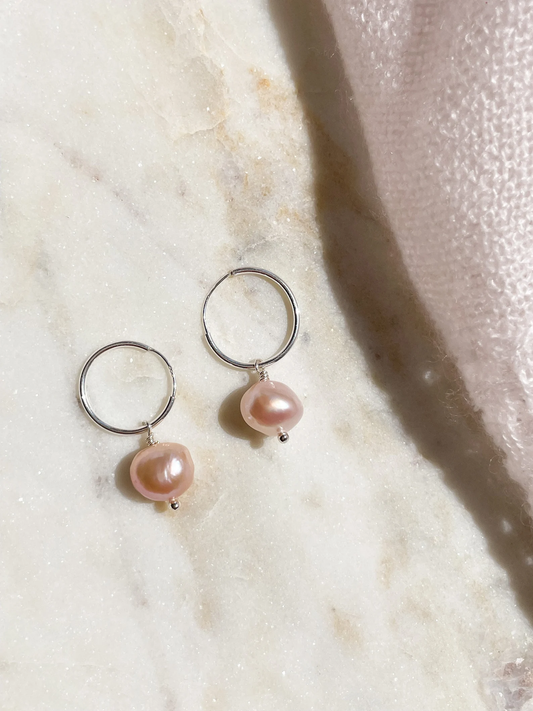 DUSTY PINK PEARL HOOPS - STERLING SILVER